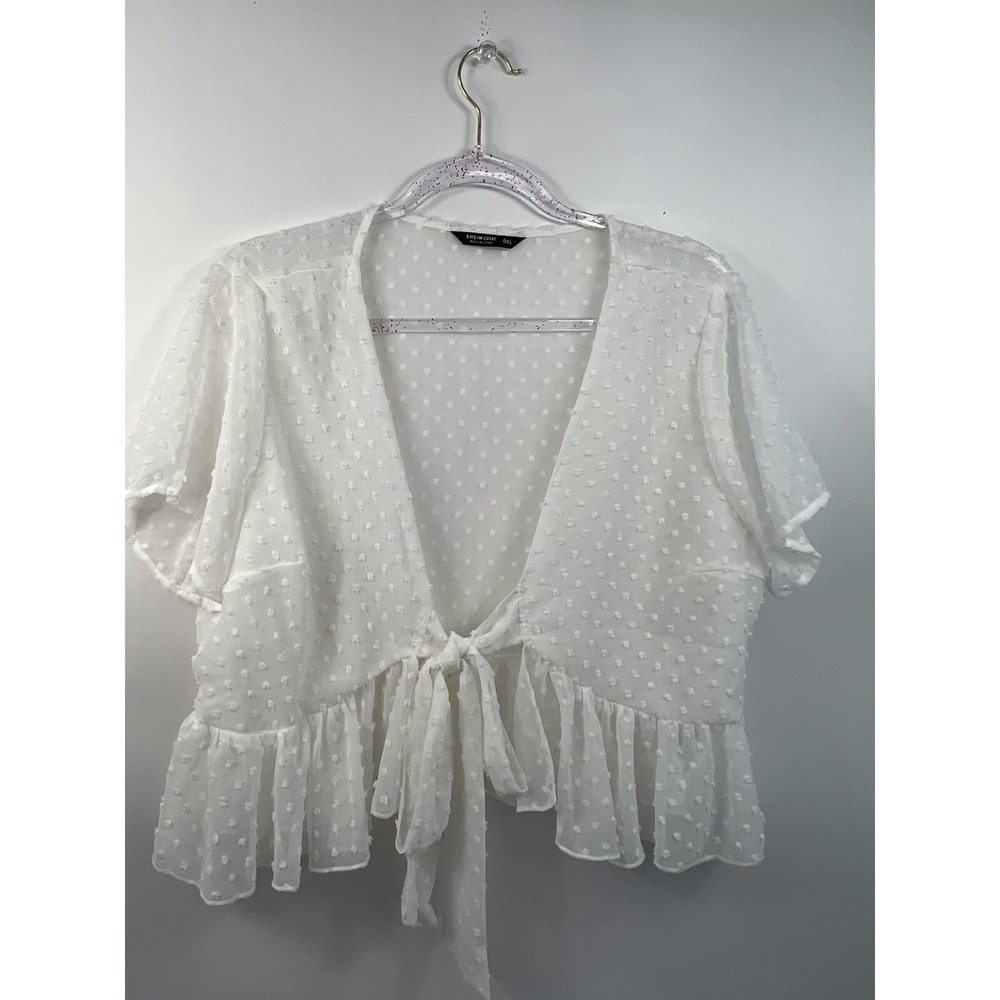 Shein Curve Top Women's Sz 0XL White Short Sleeve Cropped Lined Tie Front Ruffle